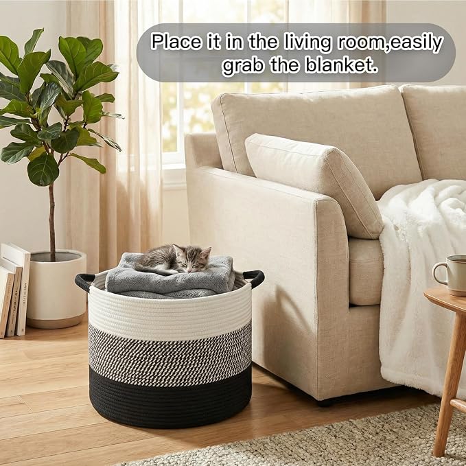 Artfeel 40L Large Cotton Rope Basket, Decorative Woven Blanket Storage for Living Room, Boho Toy Storage & Toy Box for Kids, Versatile Laundry Basket & Nursery Hamper for Blankets(Black)