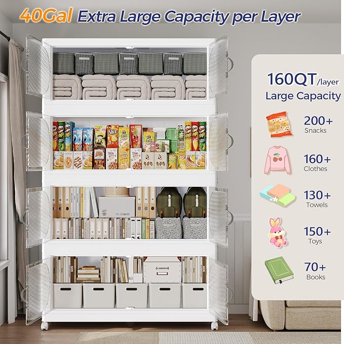 640QT Extra Large Stackable Storage Bins with Lid, 160Gal Plastic Closet Organizers and Storage Drawer, Collapsible Cabinet Box with Wheels Clear Doors for Home Kitchen Garage, 4Pack White