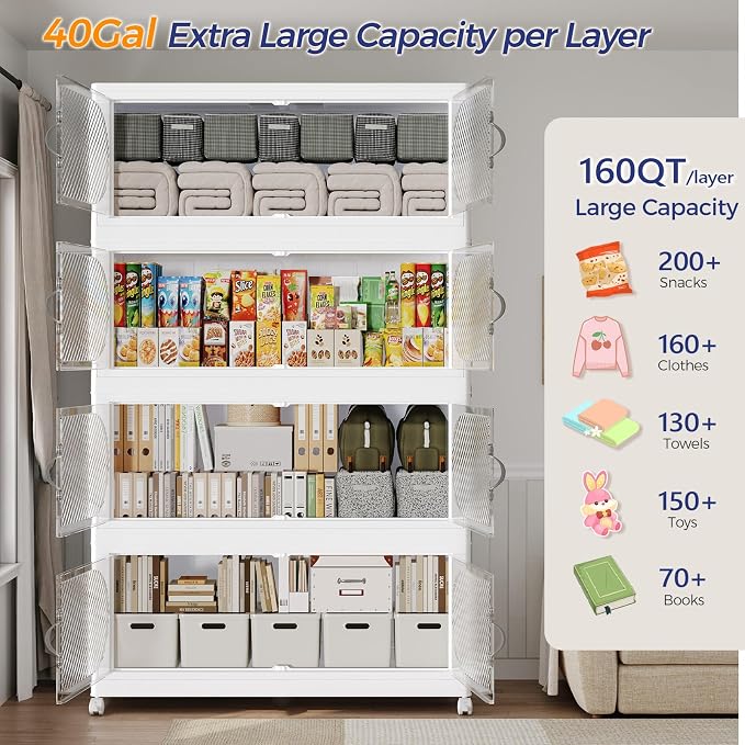 960QT Extra Large Stackable Storage Bins with Lid, 240Gal Plastic Closet Organizers and Storage Drawer, Collapsible Cabinet Box with Wheels Clear Doors for Home Kitchen Office, 6Pack White