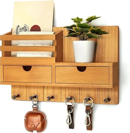 Rebee Vision Key Holder Wall Mount with 2 Drawers for Entryway, Light Brown | Mail Holder for Wall, 6 Key Hooks, Drawer Organizer, Mail Organizer, Living Room Decor, Home Storage, Farmhouse Organization