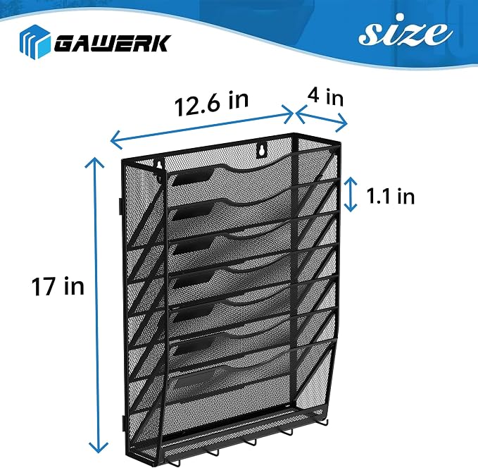 Gawerk Hanging Wall File Organizer with 5 Hooks - Wall Mounted Mail Paper Document Folder Holder, Sturdy Mesh Magazine Rack for Office Home (7+1 Tier)