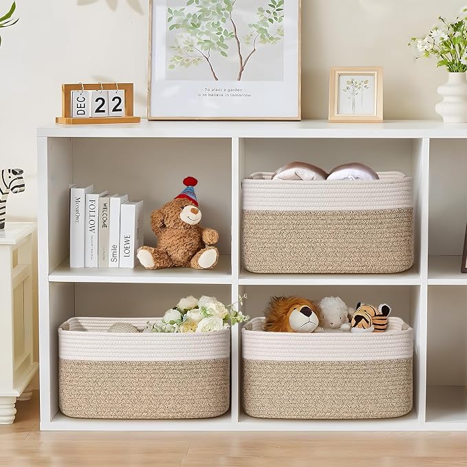2 Pack Large Storage Basket for Organizing, 17.5"x13"x7" Woven Basket for Shelves, Closet Cube Storage Bins with Wrapped Handle, Cotton Rope Baskets for Kitchen, Clothes, Toys(Off White & Brown)