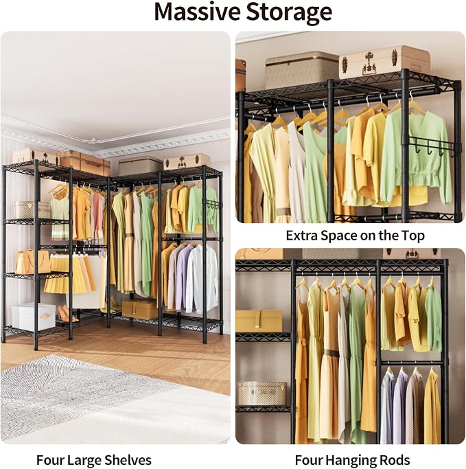 Golpart Heavy Duty Clothes Rack Metal Wardrobe with Adjustable Wire Shelves | Closet Organizers and Storage Clothing Rack Metal System Freestanding Hanging Clothes System Free Standing Garment Coat Racks