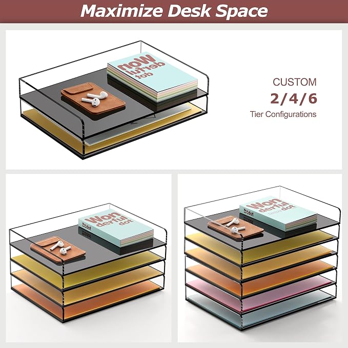 2 Pack Black Stackable Paper Letter Tray, A4 File Tray Desk Organizer, Acrylic Desk Organizers and Accessories Sorter, Clear Workspace Office Supplies Organizers, 12.4inx8.86inx3.46in