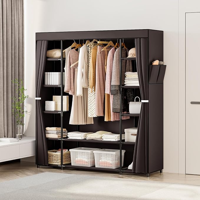 SORCEDAS Portable Closet Wardrobe Organizer Storage with Cover Non-Woben Fabric Portable Wardrobe Closet for Hanging Clothes Racks Shelving 33 Inch for Bedroom, Blue (Coffee, 59Inch)