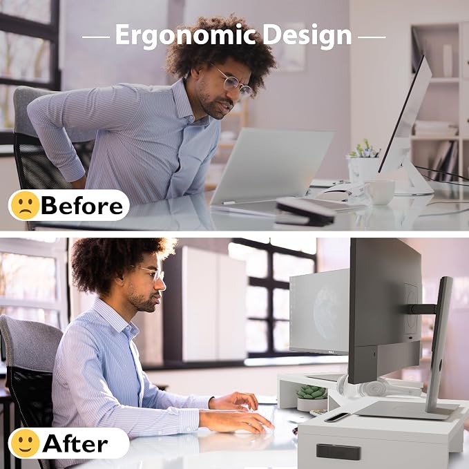 BONTEC Dual Monitor Stand Riser, Adjustable Length & Swivel Angle, White | Ergonomic Wooden Desktop Organizer with Smartphone Holder, Computer Monitor Stand for PC, Laptop, Printer and Large Storage
