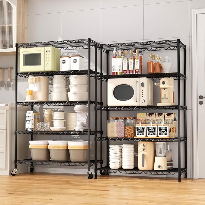 5-Tier Heavy Duty Shelving Unit, Metal Shelving with Lockable Wheels,Black | 30"Wx14"Dx62"H,Wire Shelf Rack,Height Adjustable Metal Storage Shelves Organizer for Kitchen,Garage,Office,Laundry,Pantry