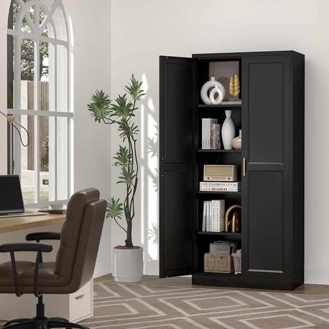 UNICOLY 71" Kitchen Pantry Cabinet, Metal Pantry Storage Cabinet with Doors | Tall Storage Cabinet with 4 Shelves, Black Storage Cabinets for Kitchens, Living Room, Dinning Room, Assembly Required