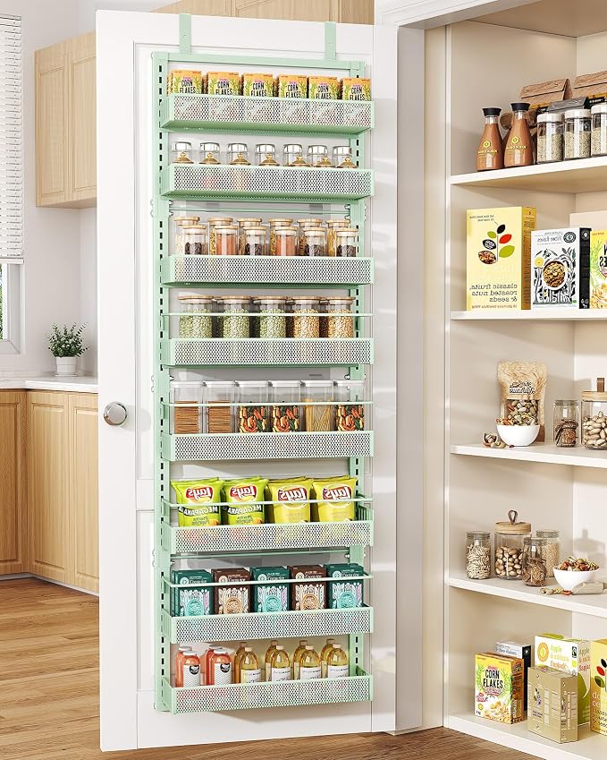 SNTD 8 Tiers Over the Door Organizer - Height Adjustable Pantry Organizers and Storage with Dense Mesh Baskets, Anti-Swing Hanging Door Spice Rack for Kitchen Bathroom (Green, 17" W x 6" D x 69" H)