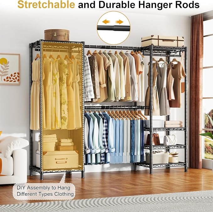 Ulif E7 Garment Rack, Heavy Duty Clothes Storage System with Extendable Hangers Rods, Metal Clothe Rack with 6 Wire Shelves, (52.3"-72") W x 14.5" D x 71.2" H, Load 838 LBS | Metal Clothing Rack with 6 Wire Shelves, Freestanding Portable Closet Wardrob...