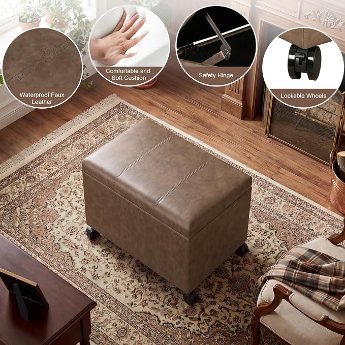 24" Storage Ottoman Bench with Wheels, Rectangle Faux Leather Foot Stool for Living Room, Bedroom, Entryway, Earthy Light Brown Veining