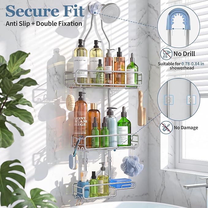 Skyapex Shower Caddy Hanging Bathroom Organizer: Over Head Adjustable Rack for Tall Showerhead - Extra Large Storage Shelf for Big Shampoo Bottles with Soap Holder