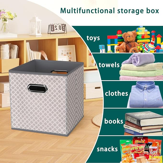 Black Foldable Storage Cubes Bins, Fabric Storage Box Cubes Organizer Baskets with Dual Handles for Home Organizer,Set of 3,(Grey Light)