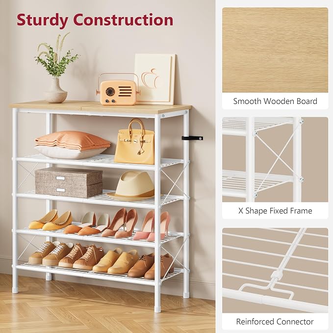 5 Tier Shoe Rack Organizer for 16-20 Pairs of Shoes, White & Log | Sturdy & Durable, X Shape Fixed Frame, Metal Mesh Shoe Shelf, Industrial, For Closet, For Entryway Shoe Storage