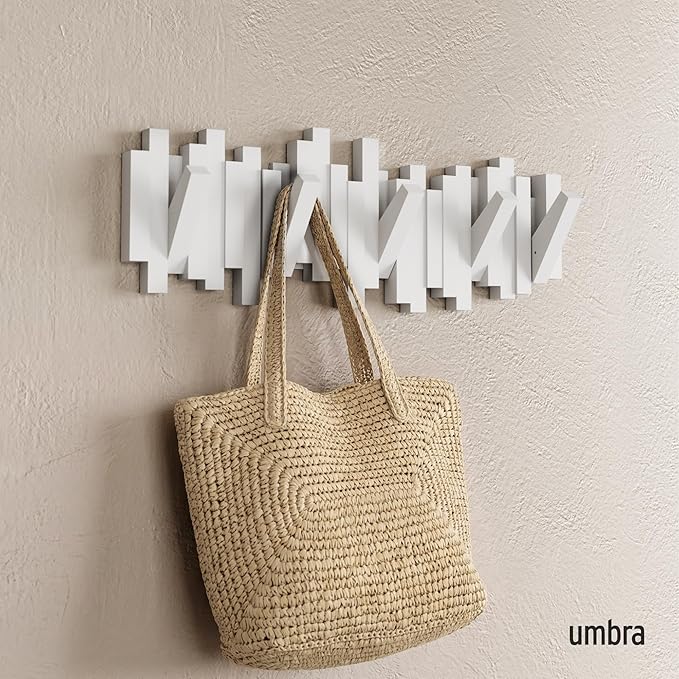 Umbra Sticks Wall Mount Coat Rack, 5 Hook Retractable Pegs, White | Mounting hardware included, sculptural modern design, entryway or bedroom use, recycled plastic