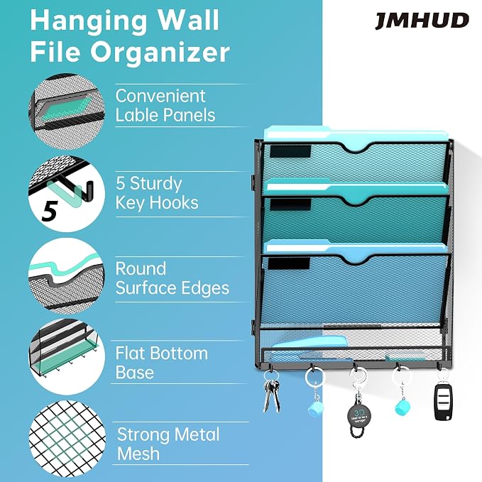 Wall File Organizer - Hanging File Organizer with 5 Hooks, Mail Holder Wall Mounted for Papers, Folders, Magazines, Bills, 4 Tier Office&School Organization, Black