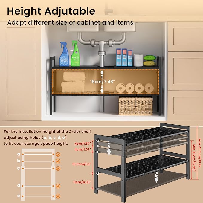 Under Sink Organizer and Storage 16.5"-30.7" Expandable Length, Adjustable Height Max 16.7" Under Sink Shelf 2 Tier with Removable ABS Panels Metal Frame for Bathroom Kitchen Pantry Cabitnet Pot Pan