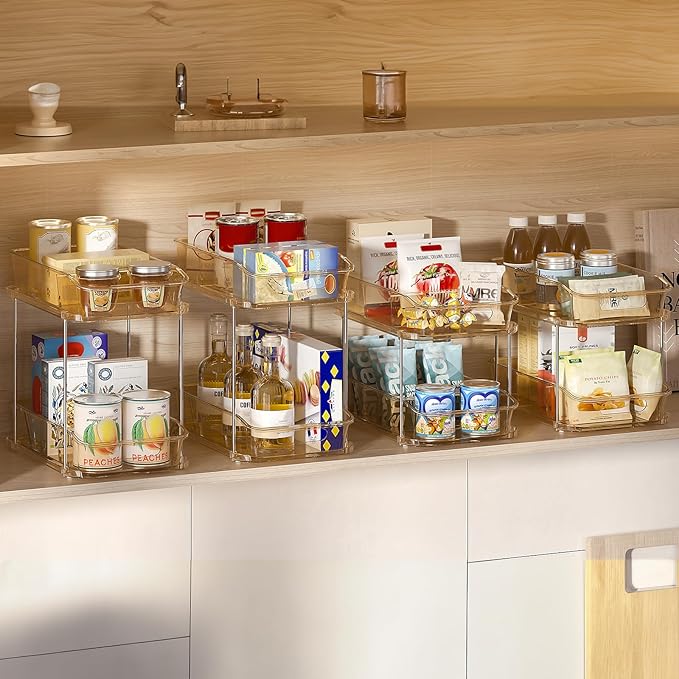 Delamu 2-Tier Under Sink Organizers and Storage, Multi-Purpose Stackable Bathroom Cabinet organizers, Pull Out Kitchen Pantry Organization and Storage with Dividers(3 Pack, Amber)