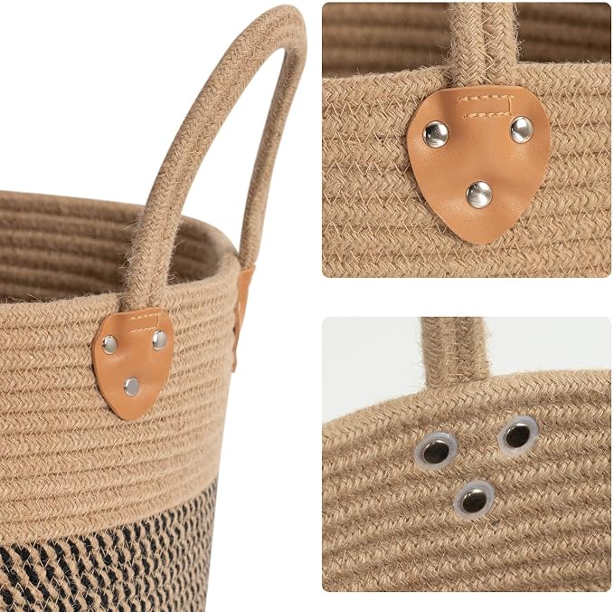 CHICVITA Wicker Storage Basket with Leather Handles, 14" x 12", Black | Decorative Woven Basket for Toys, Shoes, Blankets & Laundry Storage, Living Room & Bedroom Organizer, Indoor Plant Basket