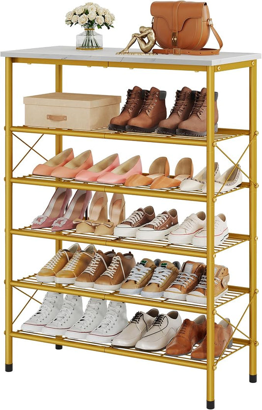 6 Tier Shoe Rack Organizer for 20-24 Pairs of Shoes, Metal Mesh Shoe Shelf for Closet, Industrial Shoe Rack for Entryway Shoe Storage with X Shape Fixed Frame, White & Gold | Sturdy & Durable, X Shape Fixed Frame, Metal Mesh Shoe Shelf, Industrial, For...