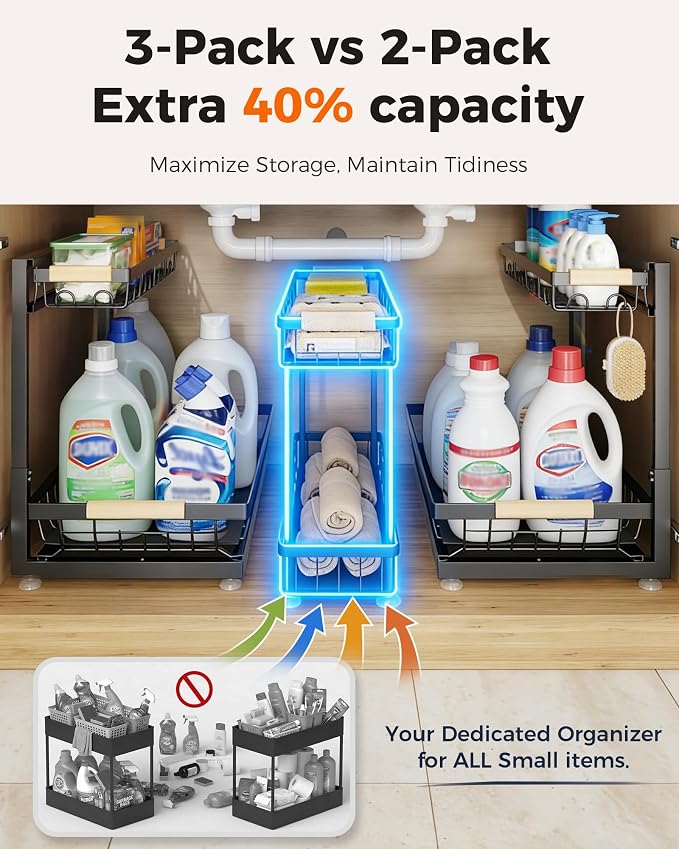Sevenblue 3 Pack Under Sink Organizer, Height Adjustable 2 Tier Pull-Out Metal Under Kitchen Sink Organizer, Multi-Purpose Storage Shelves for Kitchen Bathroom Cabinet, Black