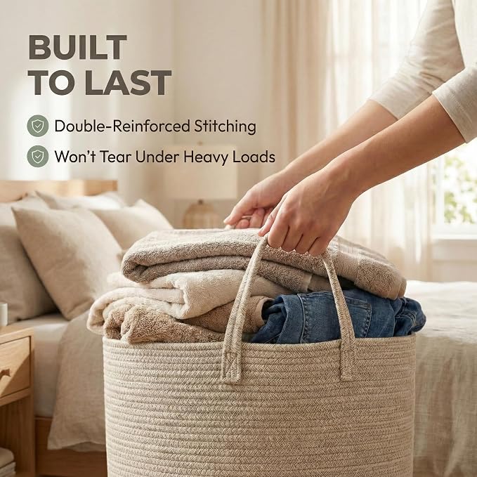 JMvicyroam 115L Extra Large Blanket Basket for Living Room - Woven Cotton Rope Laundry Hamper with Reinforced Handles - Storage Bin for Pillows, Comforters & Toys - Machine Washable,Oatmeal