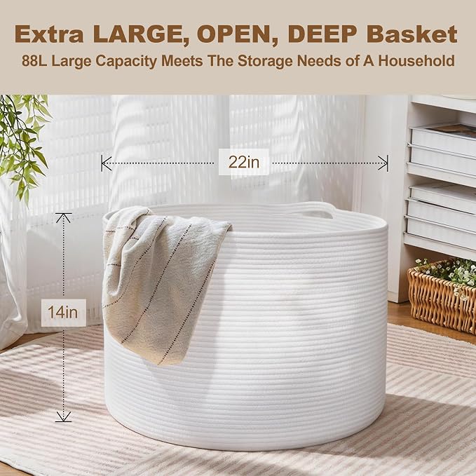 White Cotton Rope Storage Basket, 22" X 22" X 14" Extra Large Blanket Storage Living Room, XL Soft Toy Bin for Organizing, Woven Baby Laundry Basket with Handle, White Wicker Hamper Nursery