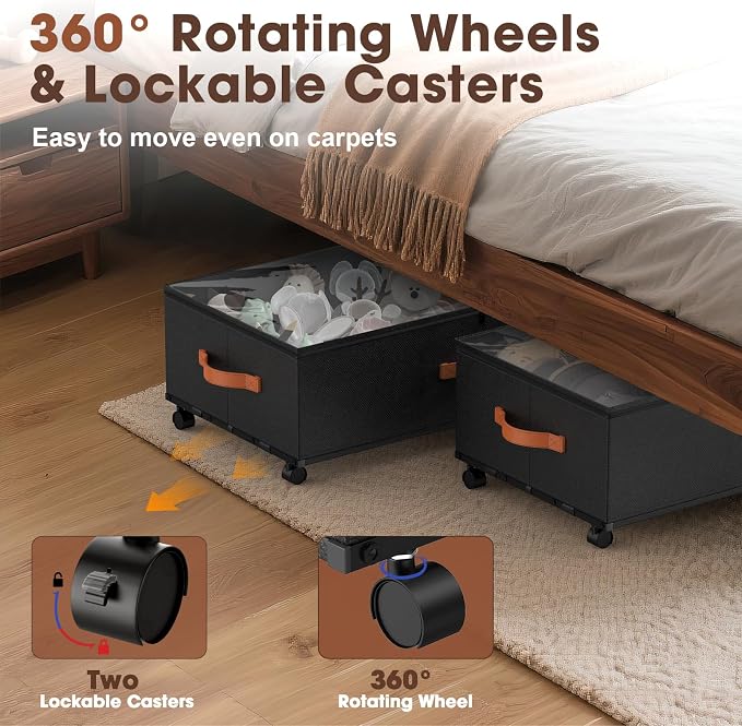 Eastherry Under Bed Storage Containers with Wheels, 9.5 inches Higher Underbed Shoes Blankets Clothes Toy Storage Drawers for College Dorms Bedrooms Nursery Rooms Organization, 2 Pack to be Assembled