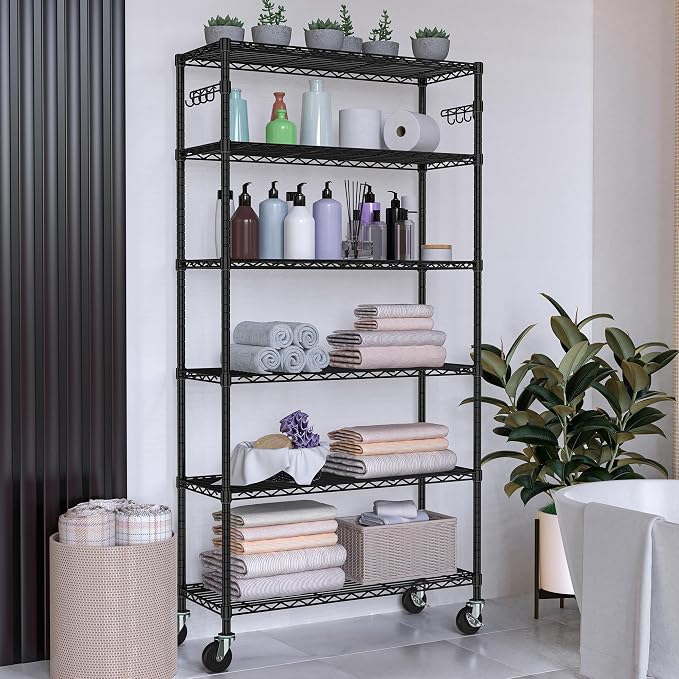 6 Tier Wire Metal Shelving Rack Garage Storage Rolling Shelves with Wheels | Heavy Duty Adjustable Industrial Shelves Unit Utility Sturdy Shelving for Kitchen Garage Pantry Bathroom Laundry