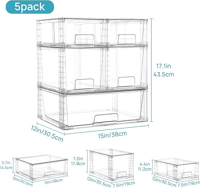 Vtopmart Clear Stackable Storage Drawers, 5 Pack Multi-Size Organizer Set | Wide, Medium and Small Pull-Out PET Drawers with Stackable Design for Cabinets, Closets, Pantry and Bathroom Organization