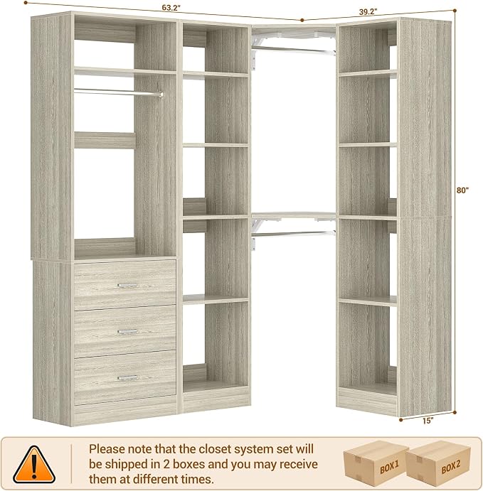 Besiost Corner Closet System with 3 Drawers, Corner Closet Organizer System with 13 Shelves & 3 Hanging Rods, 63.2"L * 39.2"W Reversible L Shaped Walk-in Closets, Load 2000+LBS, White Oak