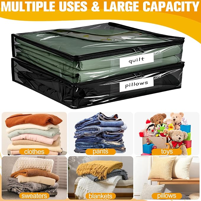 Kikerike Plastic Storage Bags with Easy-Glide Zipper, Pack of 8, Durable Clear Vinyl Zippered Storage Bags for Clothes Sweaters Comforters Blankets Sheets Bedding (15 x 12 x 5 Inch, Black)