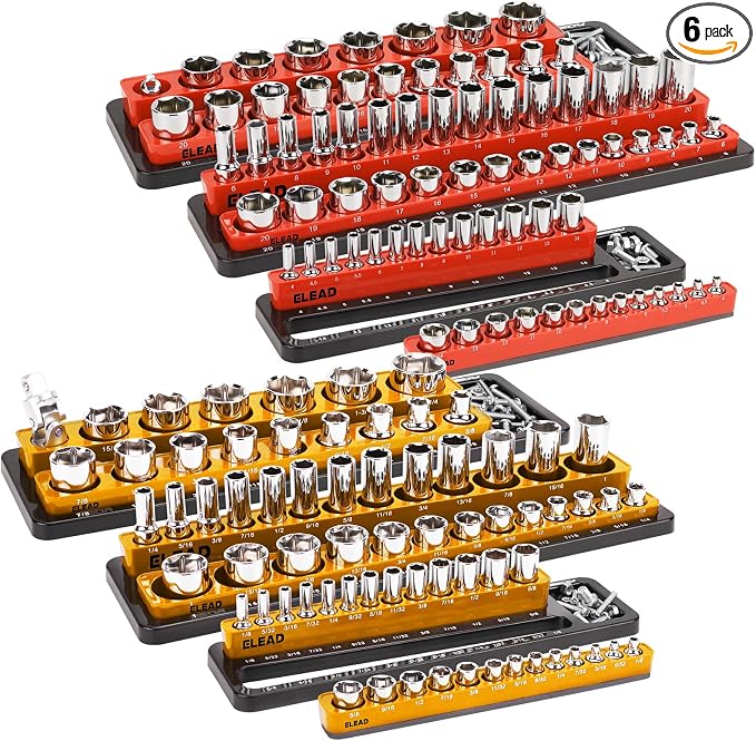 Magnetic Socket Holder Organizer Set - 6-Piece Durable 1/2, 1/4, 3/8 Inch Drive Holder, Tool Box Storage Tray for Wrench, Screwdriver, Mechanic Tools, Portable Toolbox Accessory