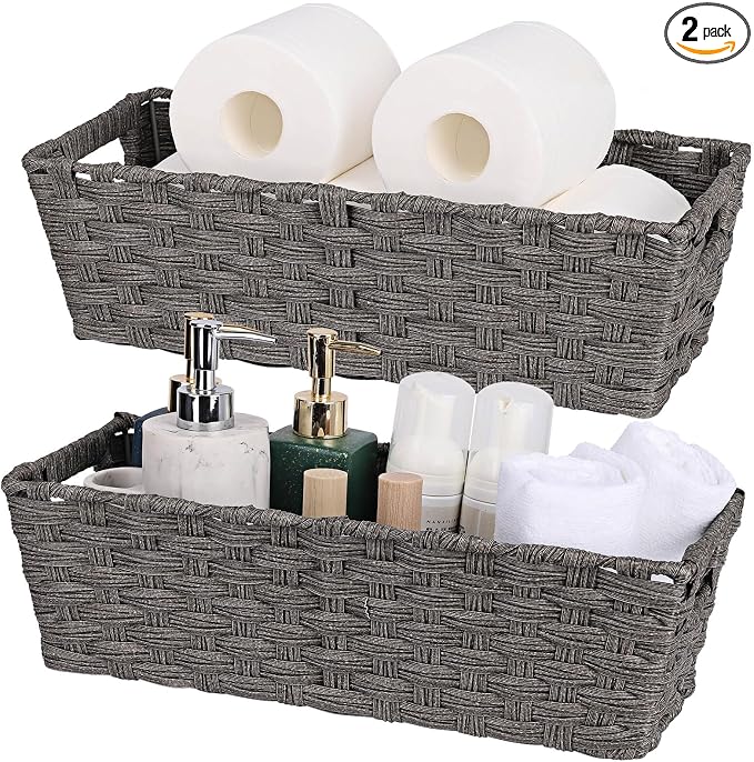 2-Pack Plastic Wicker Toilet Paper Baskets, 15.75"x6.75"x4.75", Dark Grey | onlytak woven bins for bathroom, toilet tank, shelf organization, and home decor.