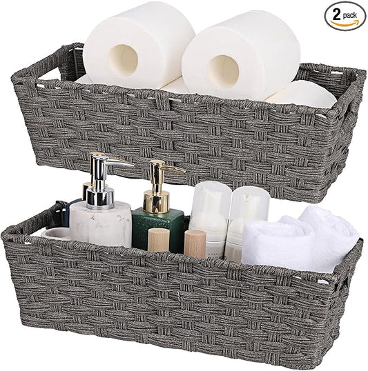 2-Pack Plastic Wicker Toilet Paper Baskets, 15.75"x6.75"x4.75", Dark Grey | onlytak woven bins for bathroom, toilet tank, shelf organization, and home decor.