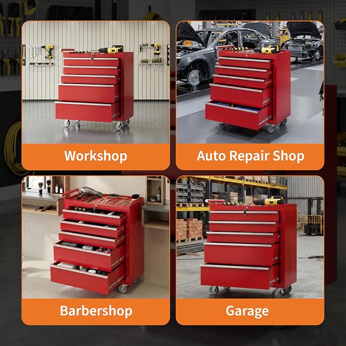 Garvee Rolling Tool Chest, 5 Drawers Tool Storage Cabinet, Toolbox with Wheels, Portable Tool Cabinet Organizer with Locking System & Drawer Liners, Tool Storage Cart for Garage, Workshop, Red