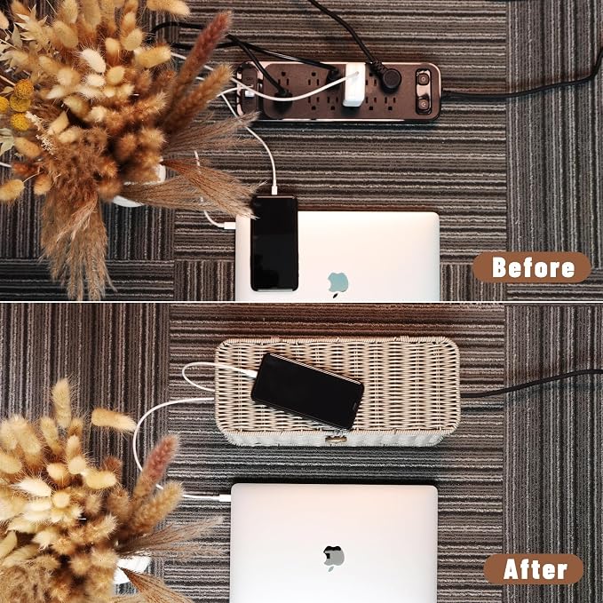 BROWNLILY Cable Management Box, Rattan Style Cord Organizer for Desk Cord Hider Outlet Covers for Power Strip TV PC Router Charger Under Desk Storage with Lockable Lid and Cable Ties