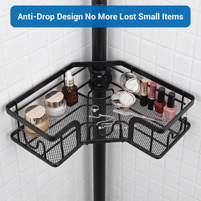 4-Tier Corner Shower Caddy Tension Pole, Floor to Ceiling Shower Corner Shelf Organizer with Soap Hold No-Drill 23.6-114.5 Inch