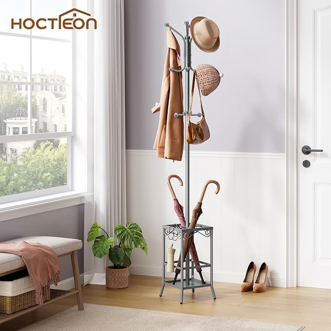 Hoctieon Coat Rack Freestanding, Coat Tree with Umbrella Holder | Metal Coat Rack Stand with 12 Hooks, Standing Coat Hanger Stand, Umbrella Stand for Entryway, Hat Rack Stand for Home Office