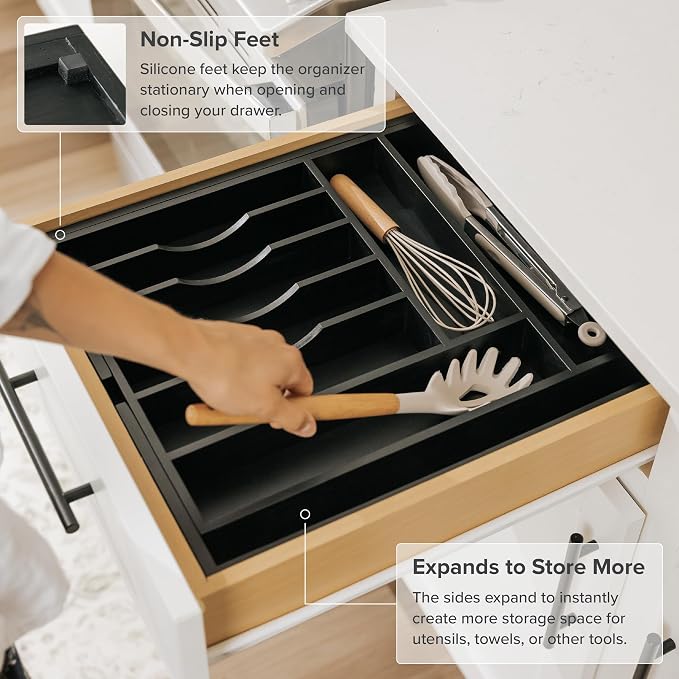 KitchenEdge Silverware & Utensil Drawer Organizer, 14.5-25 in, Black Bamboo | Cutlery, flatware, food-safe contract grade, kitchen drawer fit