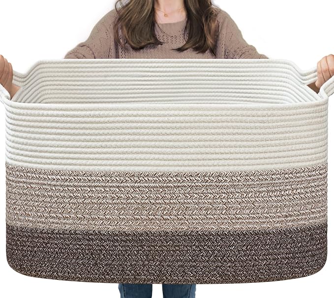 Goodpick Large Woven Blanket Basket, Rectangle Organizer, White Brown | 21.6 x 14.9 x 11.8 in, Reinforced Handles, Living Room, Bedroom & Nursery Organization, Blankets, Toys & Home Decor