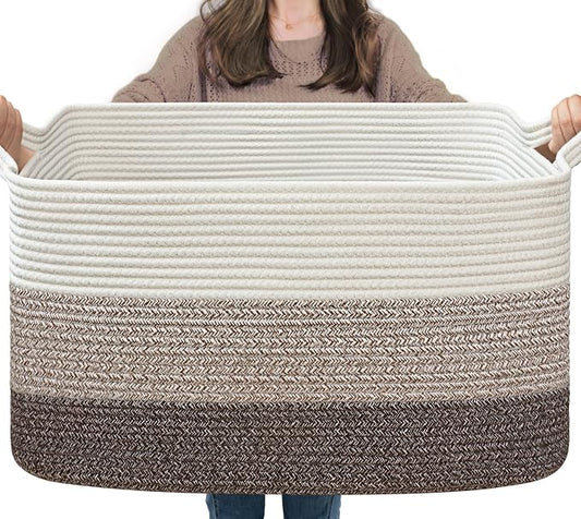 Goodpick Large Woven Blanket Basket, Rectangle Organizer, White Brown | 21.6 x 14.9 x 11.8 in, Reinforced Handles, Living Room, Bedroom & Nursery Organization, Blankets, Toys & Home Decor