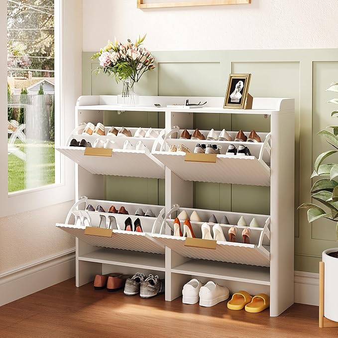 VINGLI 43.5" Large White Shoe Cabinet with 4 Flip Drawers, Slim Fluted Shoe Storage Cabinet with Unique Arched Side Panels, Modern Entryway Organizer with Gold Handles, Wide Shoe Rack for Hallway