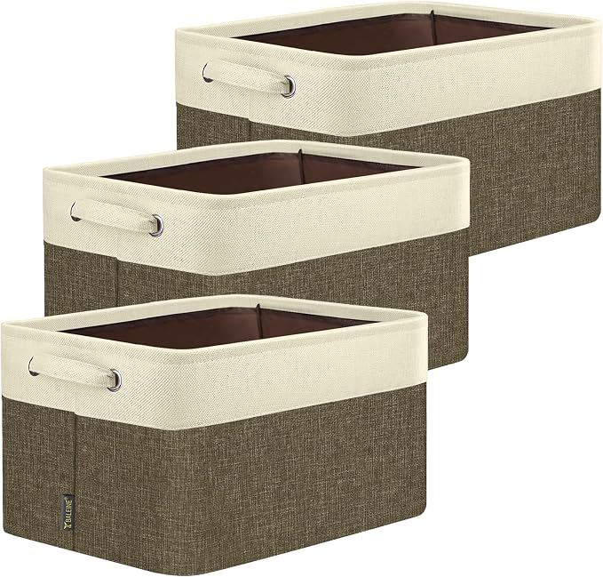 BALEINE 3 Pack Fabric Closet Storage Bins for Shelves, Linen Closet Organizers and Storage, Decorative Baskets for Organizing, Shelf, Clothes, Home, Office (Brown, 12"x8"x8")