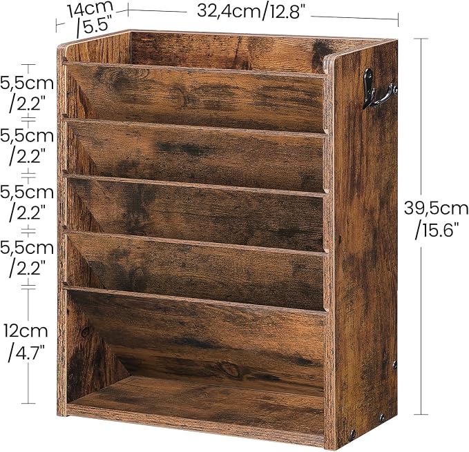 CHOEZON Wall File Organizer, 6-Tier Vertical Mount Hanging Holder with 2 Side Hooks, Vintage Wooden Magazine Storage Crate with Bottom Flat Tray, Desk Organizer, for Office, Home, Rustic Brown MWJ01FG