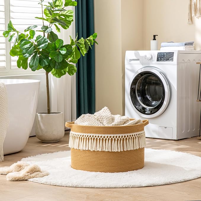 KAKAMAY Large Blanket Basket with Handles, Storage Basket for Living Room | Extra Large Capacity | Natural Cotton Rope | Blanket Storage | Woven Storage Basket | Stuffed Animal Storage | Laundry Basket