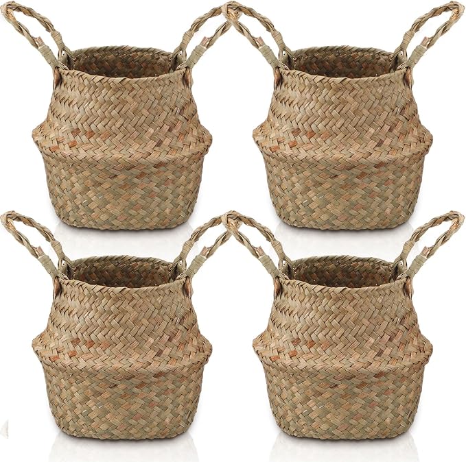 Qunclay 4 Pcs Woven Seagrass Baskets Belly Basket Folding Boho Natural Plant Pot with Handles Round Decorative Wicker Large Indoor Planter for Home Outdoor Tree Planters Decor (XXS,6.3''dx5.5''h)