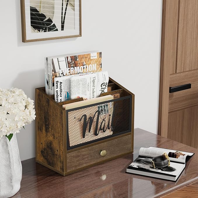 YINMIT Mail Organizer Countertop with 3 Compartments and Drawer, Mail Holder Sorter for Desk, Mail Organizer Wall Mounted, Countertop Desk Office Accessories Organizer for File Paper Folder