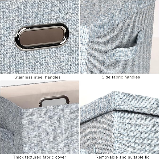 Storage Bins with Lids Fabric Closet Organizers Cubes Office Organization | 36 Quart 3 Pack Blue-Grey Collapsible Stackable Linen Fabric 4 Handles Bedroom Closet Cabinet Under Bed Clothes Toy Office