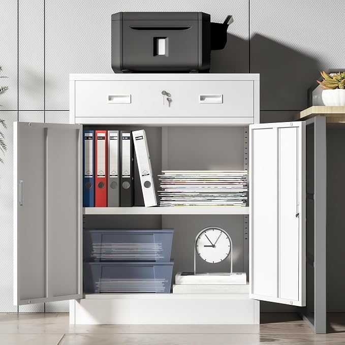 Wanfu Metal Storage Cabinet, Locking Cabinet with 1 Drawer and Adjustable Shelf, 36" H x 28" W x 16" D Steel Storage Cabinet for Office, Garage, Home-White